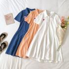 Flower Embroidered Ruffle Hem Polo Dress