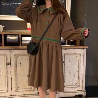 Contrast Trim Long-sleeve A-line Dress / Flared-cuff Long-sleeve A-line Dress