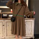 Contrast Trim Long-sleeve A-line Dress / Flared-cuff Long-sleeve A-line Dress