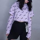 Detachable-sleeve Cropped Chinese Character Print T-shirt