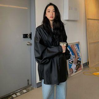 Long-sleeve Plain Faux Leather Jacket Black - One Size