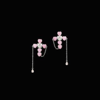 Heart Cross Faux Cat Eye Stone Rhinestone Alloy Fringed Earring 1 Pair - Pink - One Size