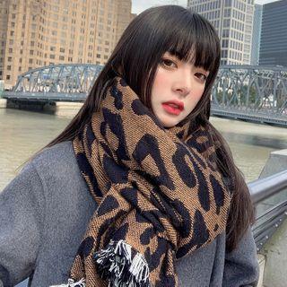 Leopard Print Fringed Shawl Coffee - One Size