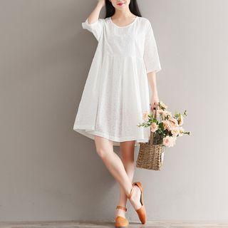 Elbow Sleeve Embroidered A-line Dress