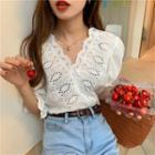 Elbow-sleeve Eyelet Lace V-neck Blouse