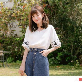 Embroidered Sleeve V-neck Chiffon Top