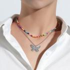 Butterfly Pendant Layered Bead Necklace Silver - One Size