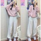 Cable Knit Sweater / Long-sleeve Mock-neck Top / Corduroy Harem Pants