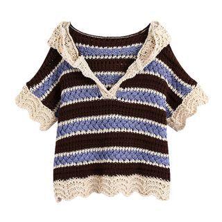 Short-sleeve Color Block Hooded Knit Top