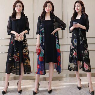 Set: Sleeveless Chiffon Dress + Flower Print Jacket