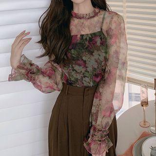 Printed Ruffle Long-sleeve Mesh Top As Shown In Figure - One Size
