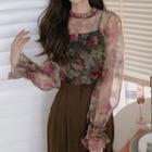 Printed Ruffle Long-sleeve Mesh Top As Shown In Figure - One Size