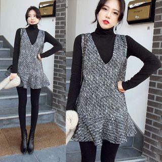 Set: High-neck Long-sleeve T-shirt + Ruffle Hem Sleeveless Dress