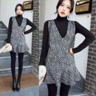 Set: High-neck Long-sleeve T-shirt + Ruffle Hem Sleeveless Dress