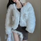 Halter Asymmetrical Fluffy Trim Mini Bodycon Dress / Jacket