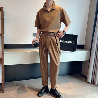 Set: Elbow-sleeve Half-zip Top + Straight Leg Pants