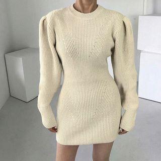 Long Sleeve Plain Ribbed-knit Mini Dress