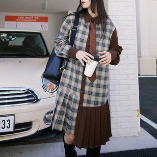 Plaid Panel Midi A-line Shirtdress With Tie