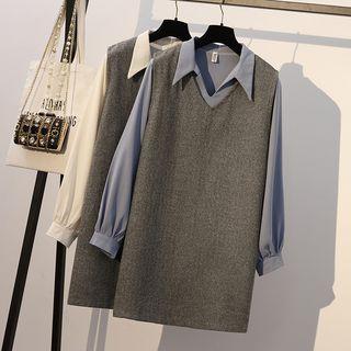 Set: V-neck Chiffon Blouse + V-neck Pinafore Dress