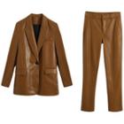 Faux Leather Single-button Blazer / Straight-fit Pants / Set