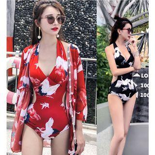 Set: Gruidae Print Swimsuit + Beach Cover