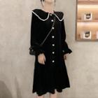 Long-sleeve Faux Pearl Collar Velvet Dress Black - One Size