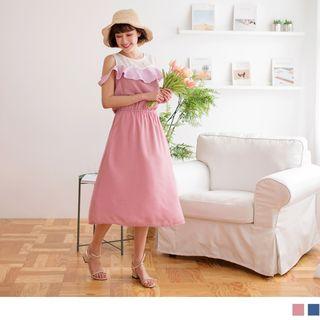 Cold Shoulder Striped Ruffle A-line Dress