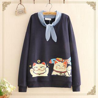Fortune Cat Print Tie-neck Sweatshirt