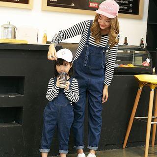 Family Matching Set: Striped Long-sleeve T-shirt + Denim Dungarees