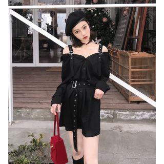 Long-sleeve Cold Shoulder Buttoned Mini Dress