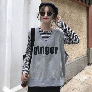 Long-sleeve Striped T-shirt/ Lettering Vest