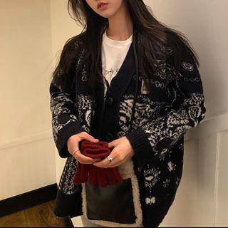 Printed Buttoned Knit Cardigan Black & White - One Size