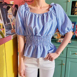 Off-shoulder Gingham Peplum Blouse