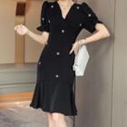 V-neck Puff-sleeve Ruffle Hem A-line Dress