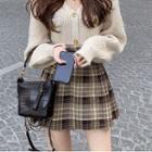 V-neck Cardigan / Plaid A-line Skirt With Belt