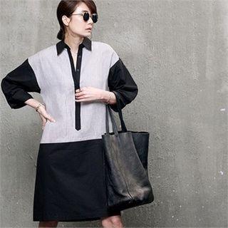 Color-block H-line Linen Shirtdress