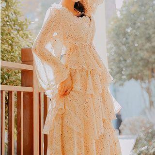 Long-sleeve Dotted Tiered Maxi Dress