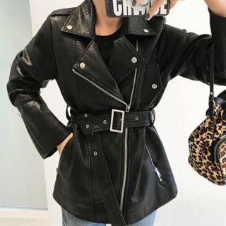 Tie-waist Faux-leather Rider Jacket