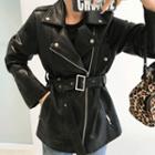 Tie-waist Faux-leather Rider Jacket