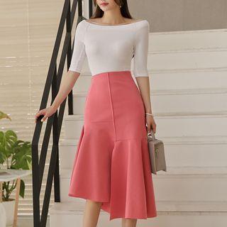 Set: Off-shoulder Elbow-sleeve Knit Top + Ruffle Hem Pencil Skirt