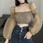 Long-sleeve Shirred Mesh Crop Top Khaki - One Size