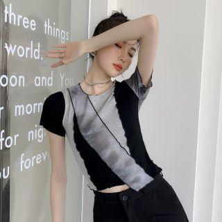 Irregular Tie-dye Print Panel Cropped T-shirt Black & Gray - One Size