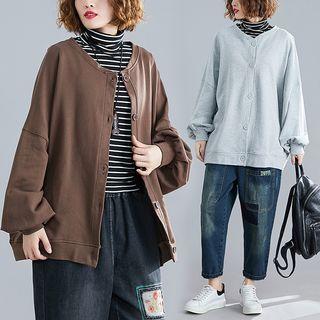 Plain Stand-collar Lantern-sleeve Sweatshirt Jacket