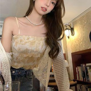 Ruffle Tie Dye Cropped Camisole Top / Crochet Knit Cardigan
