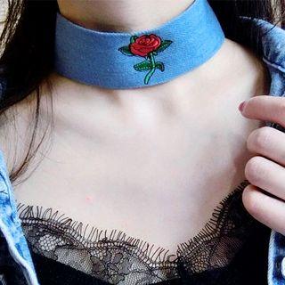 Rose Embroidered Denim Choker