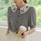 Puff-sleeve Floral Embroidered Gingham Blouse