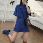 Plain Elbow-sleeve Cropped Shirt / A-line Skirt