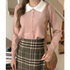 Contrast-collar Button-trim Knit Top Pink - One Size