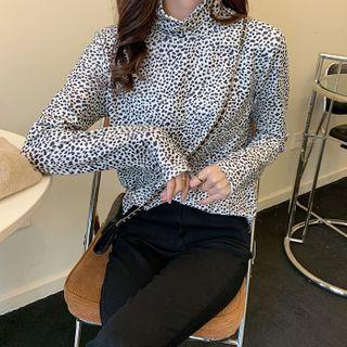 Mock-neck Leopard Print Blouse Black & White - One Size