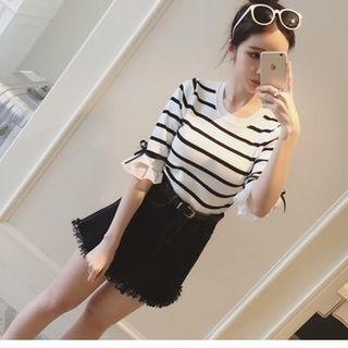 Striped Elbow Sleeve Knit Top